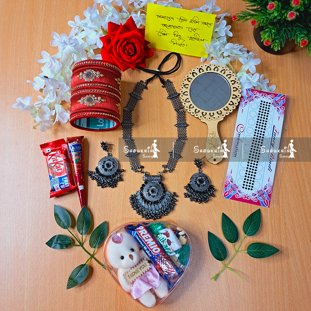 Picture of Tangail Saree Combo Set for Women - Sari Churi Necklace Earrings Mirror Kitkat Mehedi Tip Golap Love Chocolate Box etc