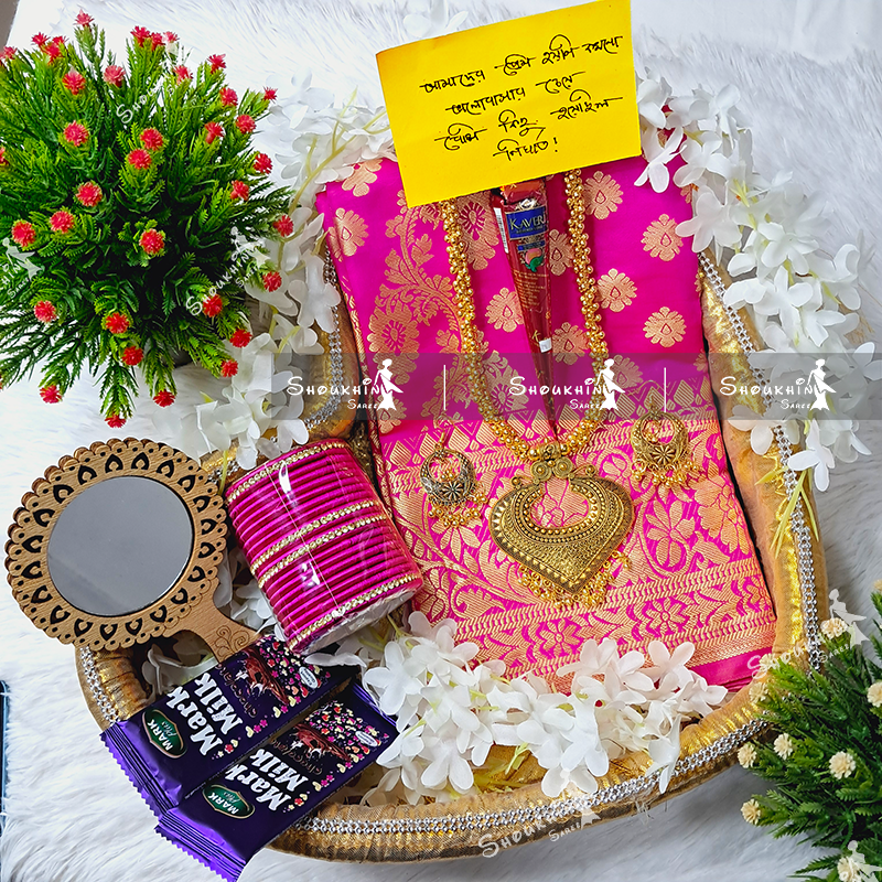 Picture of Tangail Katan Saree Combo Set for Women - Saree Churi Necklace Gazra Chocolate Mirror Etc