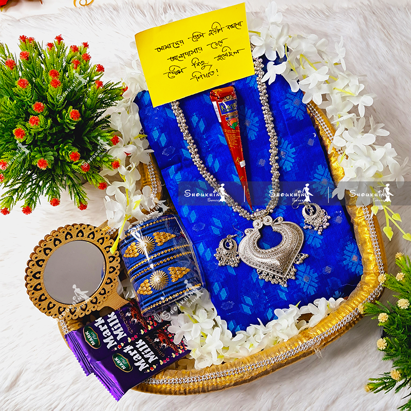 Picture of Nil Jamdani Saree Combo Set for Women - Saree Churi Necklace Gazra Chocolate Mehedi Chirkut Mirror Etc