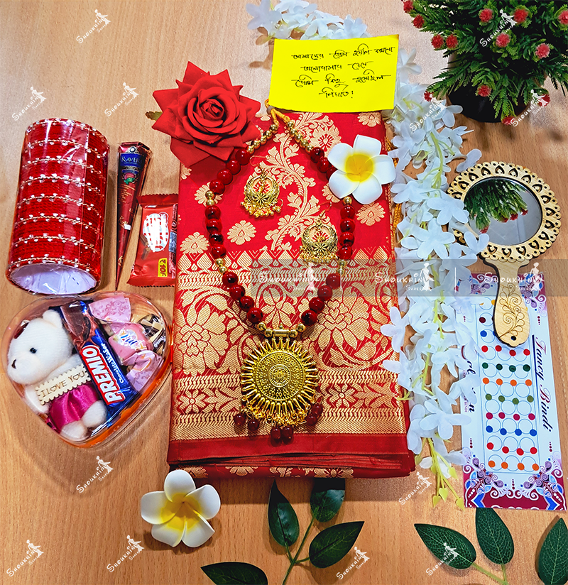 Picture of Tangail Katan Saree Combo Gift Set- Sari Churi Necklace Earrings Mirror Chocolate Mehedi Tip Golap Love Chocolate Box etc