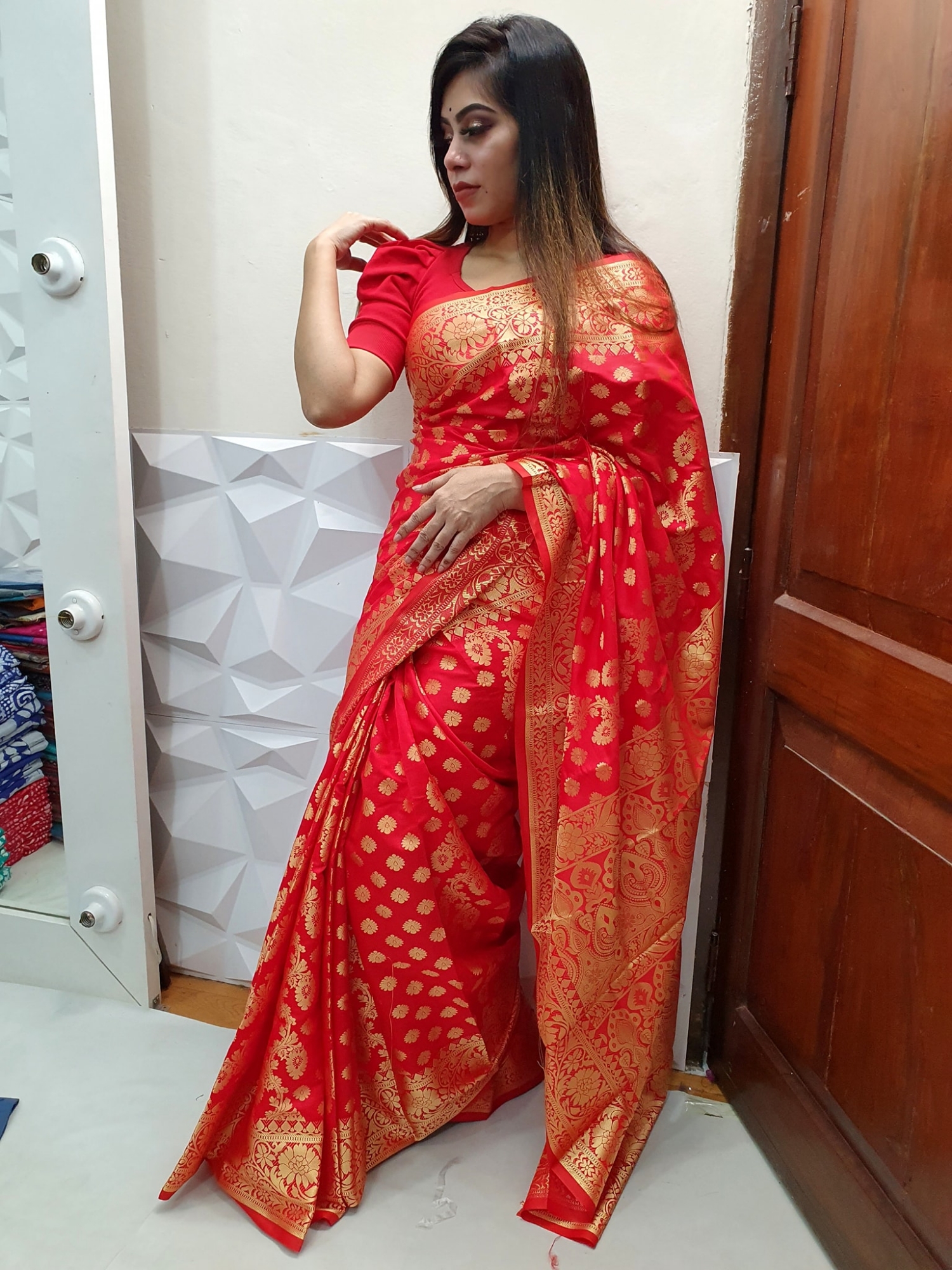 Picture of Tangail Katan Saree Combo Gift Set- Sari Churi Necklace Earrings Mirror Chocolate Mehedi Tip Golap Love Chocolate Box etc