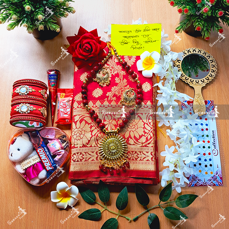 Picture of Tangail Katan Saree Combo Gift Set- Sari Churi Necklace Earrings Mirror Chotolate Mehedi Tip Golap Love Chocolate Box etc