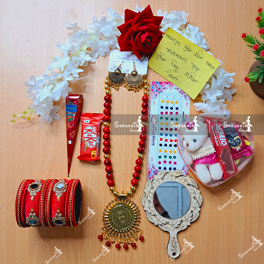 Picture of Tangail Katan Saree Combo Gift Set- Sari Churi Necklace Earrings Mirror Chotolate Mehedi Tip Golap Love Chocolate Box etc
