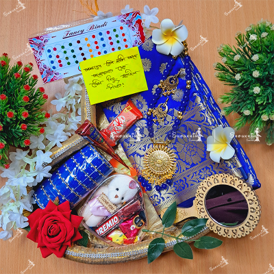 Picture of Tangail Katan Saree Combo Gift Set- Sari Churi Necklace Earrings Mirror Chocolate Mehedi Tip Golap Love Chocolate Box etc