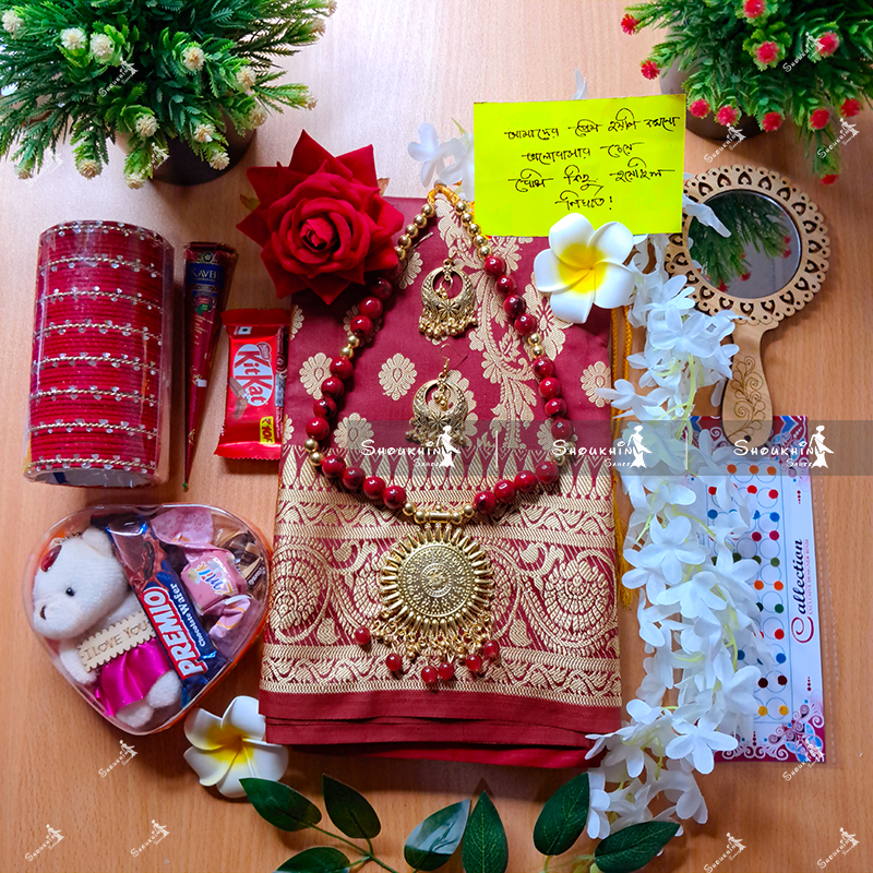 Picture of Tangail Katan Saree Combo Gift Set- Sari Churi Necklace Earrings Mirror Chocolate Mehedi Tip Golap Love Chocolate Box etc