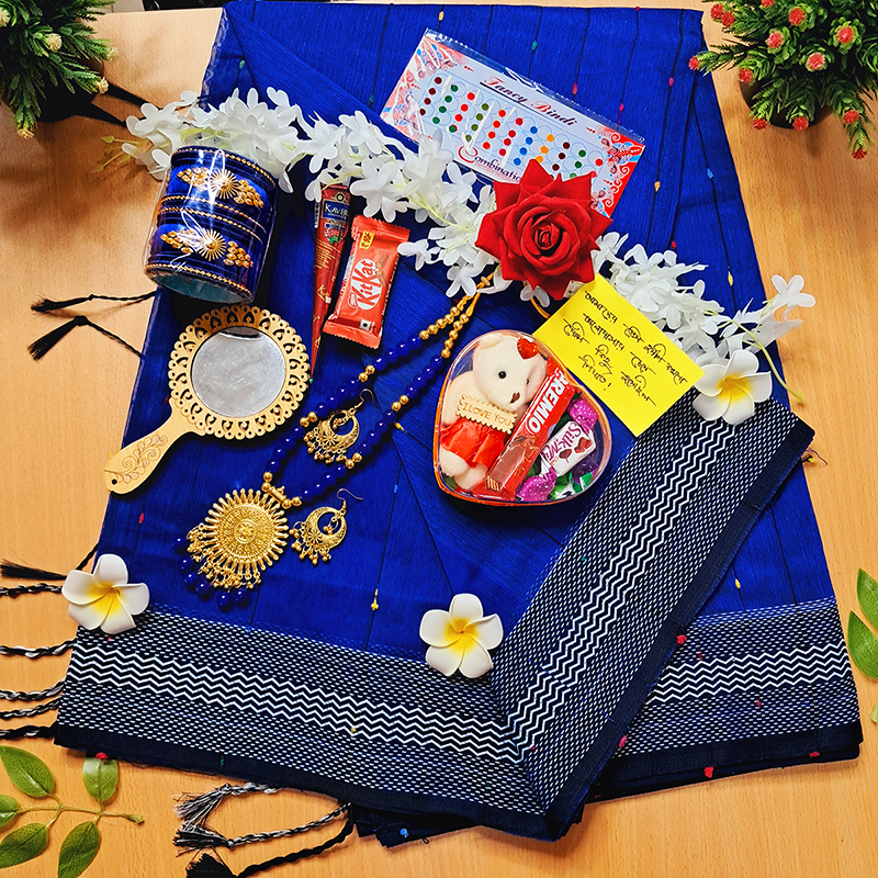 Picture of Sari Combo Gift Set - Saree Necklace Earrings Bangles Mehendi Mirror Kitkat Tip Love Chocolate Box with Doll Rose Gazra Chirkut and More
