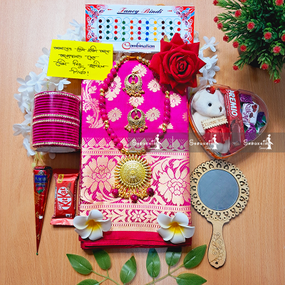 Picture of Tangail Katan Saree Combo Gift Set- Sari Churi Necklace Earrings Mirror Kitkat Mehedi Tip Golap Love Chocolate Box etc