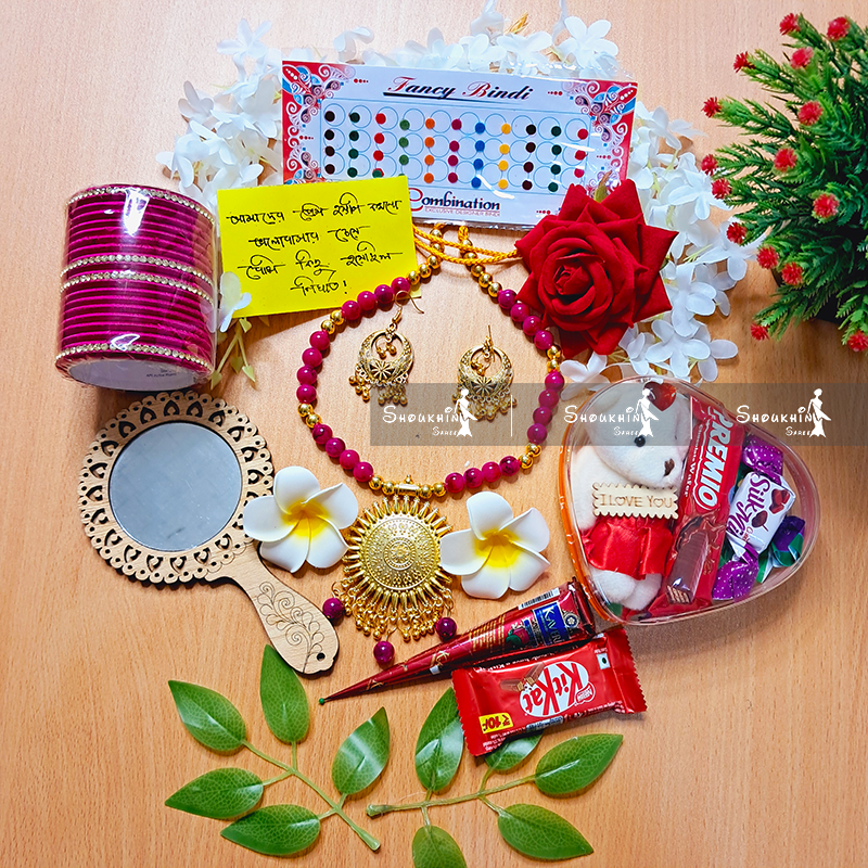 Picture of Tangail Katan Saree Combo Gift Set- Sari Churi Necklace Earrings Mirror Kitkat Mehedi Tip Golap Love Chocolate Box etc