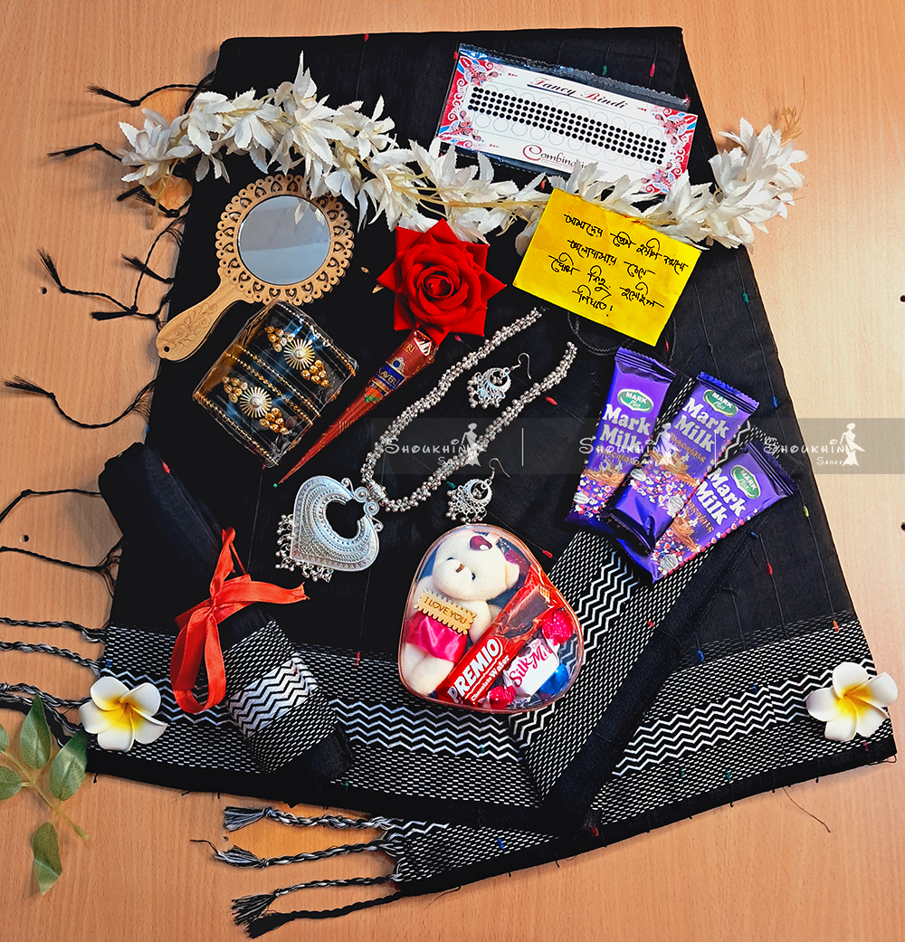 Picture of Saree Combo Gift Set with Bouse Pcs - Saree Blouse pcs Necklace Earrings Bangles Mehendi Mirror Kitkat Tip Love Chocolate Box with Doll Rose Gazra Chirkut and More