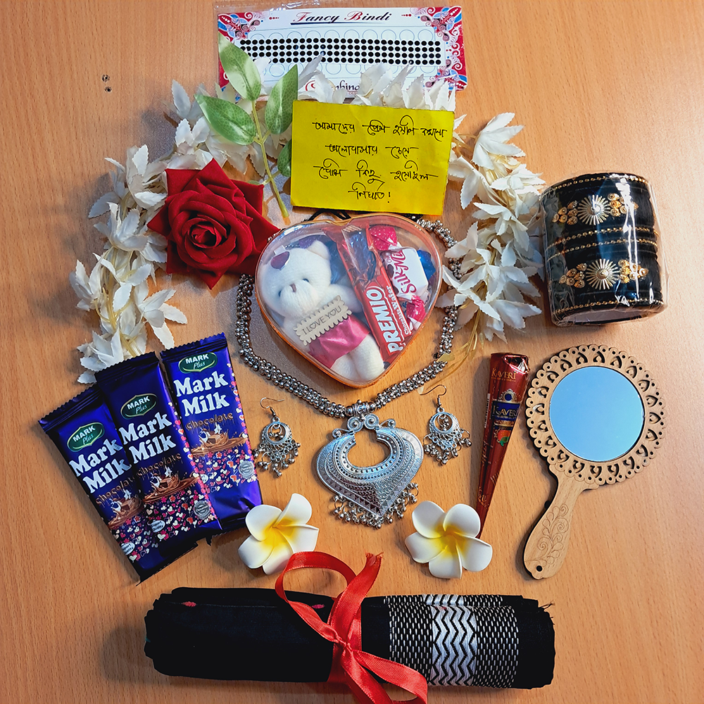 Picture of Saree Combo Gift Set with Bouse Pcs - Saree Blouse pcs Necklace Earrings Bangles Mehendi Mirror Kitkat Tip Love Chocolate Box with Doll Rose Gazra Chirkut and More