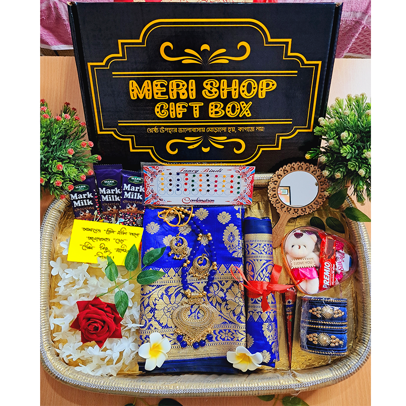 Picture of Exclusive Tangail Katan saree Combo Set with GIFT B O X - saree, blouse pcs, necklace, earings churi mirror chocolates golap, gazra mehedi etc