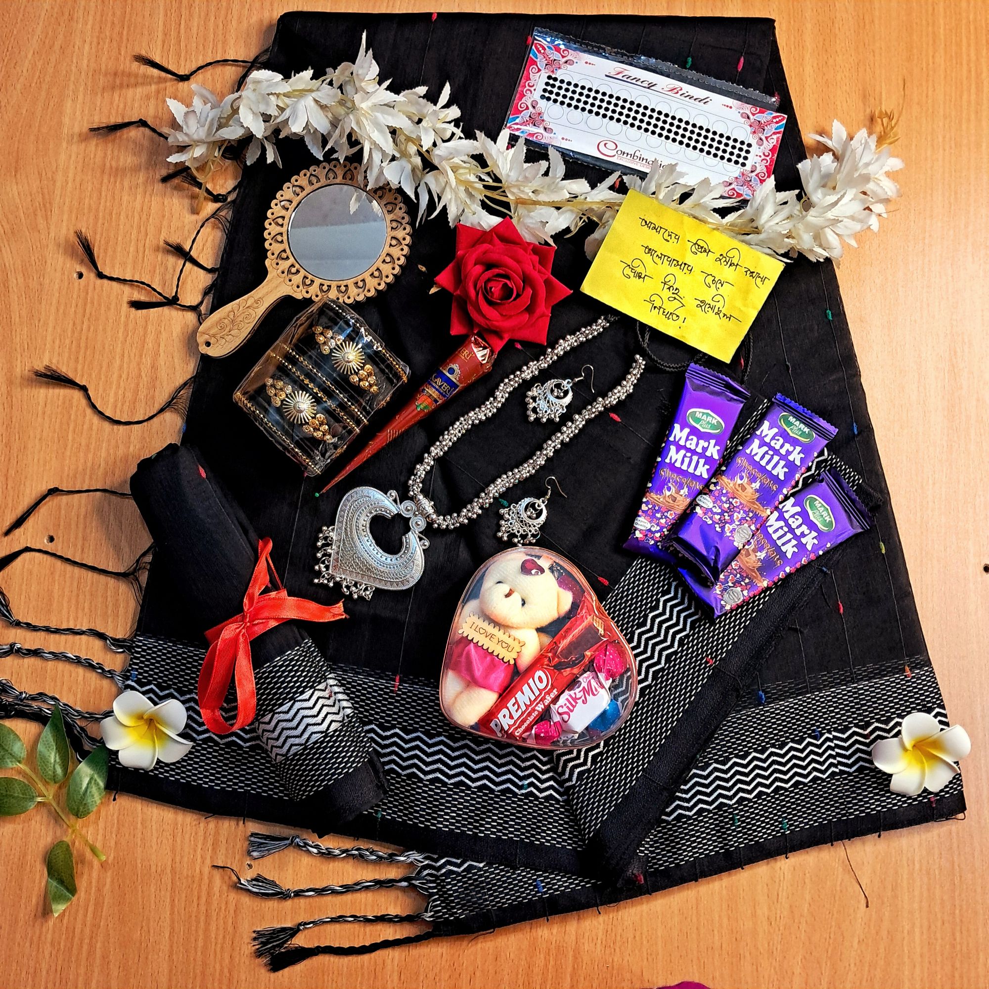 Picture of Sari Combo Gift Set - Saree Necklace Earrings Bangles Mehendi Mirror Kitkat Tip Love Chocolate Box with Doll Rose Gazra Chirkut and More