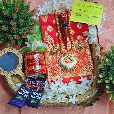 Picture of Tangail Katan Saree Combo Set for Women - Saree Churi Necklace Gazra Chocolate Mirror Etc