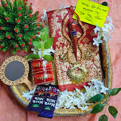 Picture of Tangail Katan Saree Combo Set for Women - Saree Churi Necklace Gazra Chocolate Mirror Etc