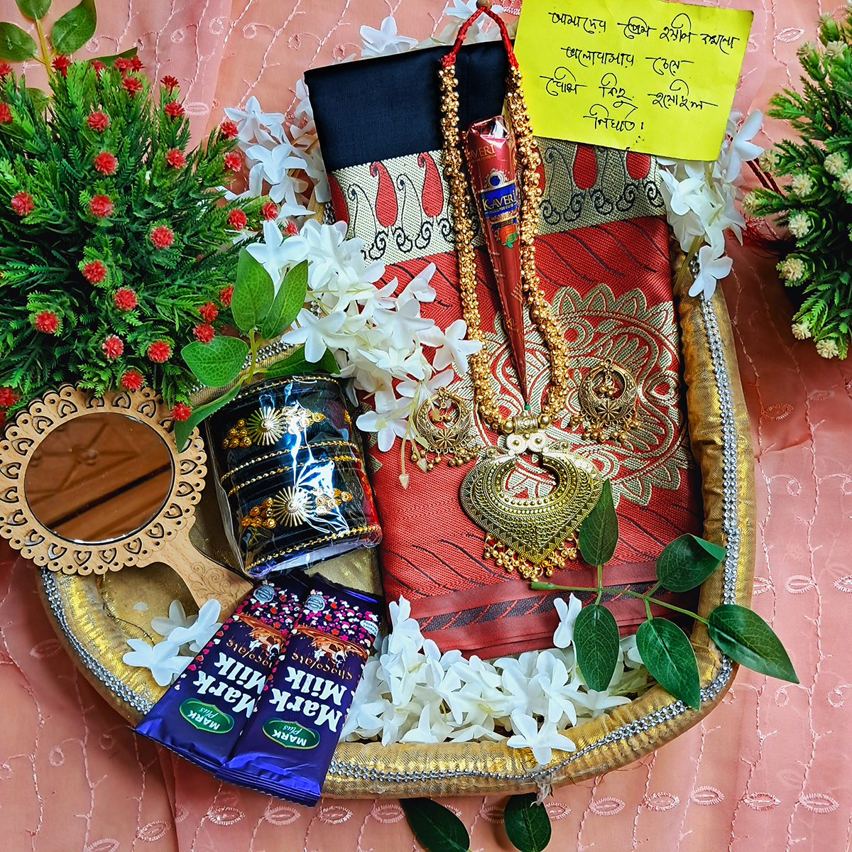 Picture of Tangail Katan Saree Combo Set for Women - Saree Churi Necklace Gazra Chocolate Mirror Etc