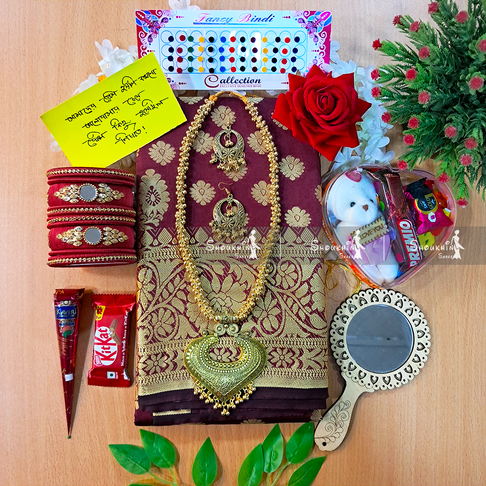 Picture of Saree Combo Gift Set For Girls and Women - Saree Churi Chocolate Golap Gazara Ayna Necklace Etc