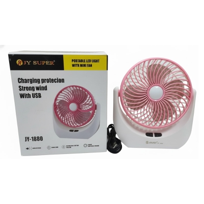 Picture of JY SUPER 1880 (RECHARGEABLE PORTABLE USB FAN) With LED Light, 2400mAh Battery 1400 mm Silent Operation 3 Blade Table Fan