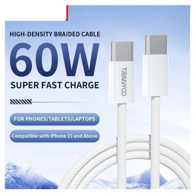 Picture of Tranyoo | CC‑15 | 60W PD Super‑Fast USB‑C to USB‑C Cable | Braided High‑Durability Charger Data Sync Cable | Fast Charging, PD 60 W, 1 m Cable