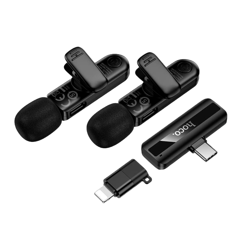 Picture of HOCO | L20A “Fair” Dual Wireless Lavalier Microphone | Type-C & Lightning Receiver | 2 Mics + 1 Receiver (2TX+1RX) | 2.4GHz | 10–15m Range | 60mAh, 3–4h Use | Plug & Play for Android & iPhone.