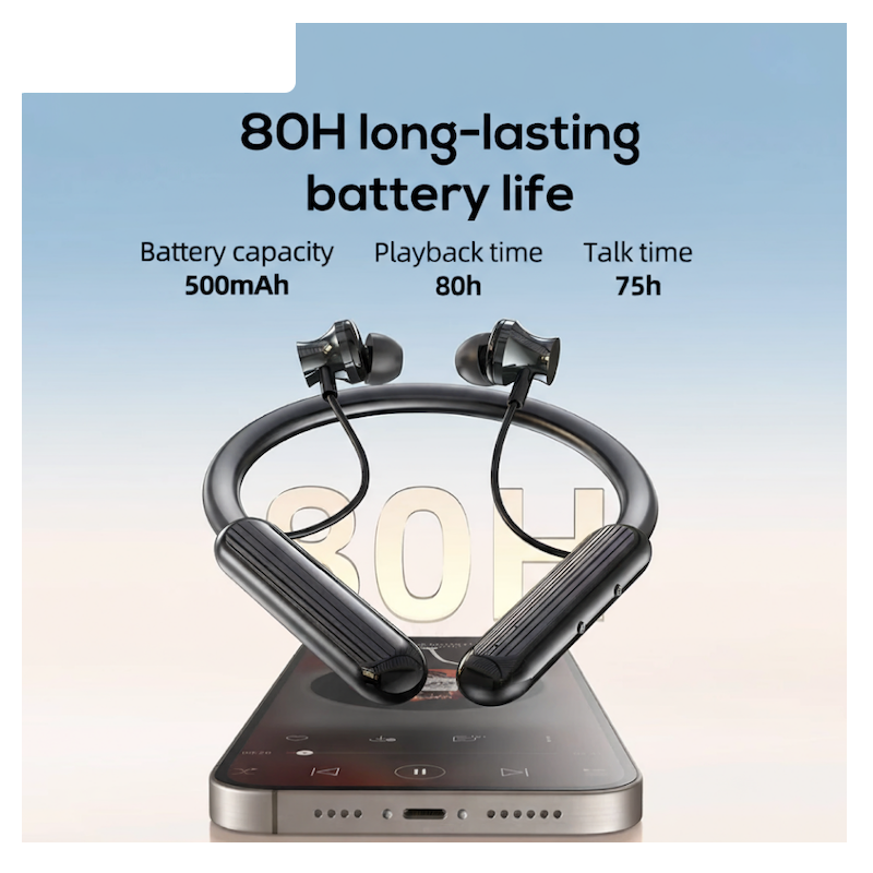 Picture of AWEI | G81BL Neckband Bluetooth Headset | Bluetooth 5.4 (JL7006F4) | 80h Playtime, 500mAh Battery | 10mm Drivers, AAC/SBC | Dual-Device Connection, TF Card & Digital Display | USB-C | For Android & iPhone.