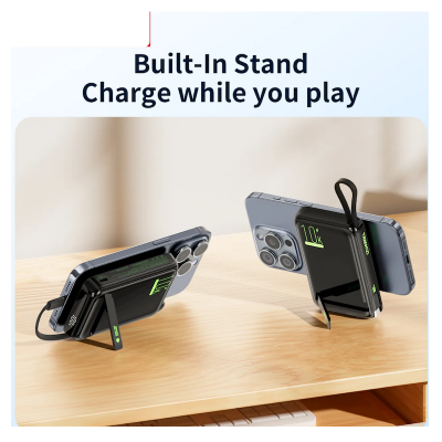 Picture of Tranyoo | T-F26 10000mAh Magnetic Wireless Power Bank | 22.5W Wired Fast Charging + 15W Wireless | Type-C In/Out + Built-in Type-C Cable | LED Digital Display, Stand/Lanyard | For iPhone (MagSafe) & Android.