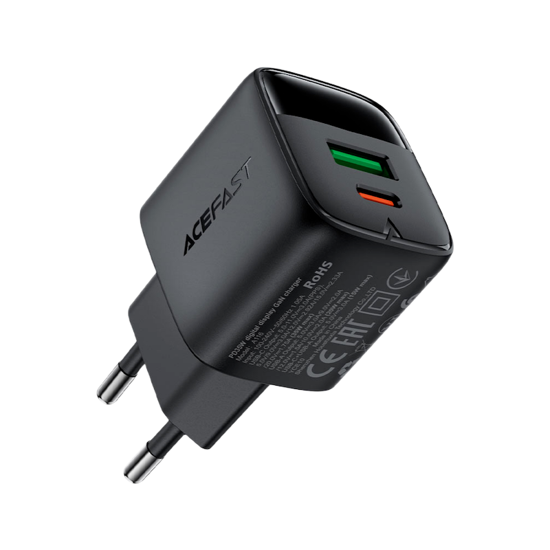 Picture of ACEFAST | A116 | 35W GaN USB-C Wall Charger | Dual-Port: USB-C PD/PPS 35W + USB-A 20W | LED Wattage Display | 100–240V EU Plug | Multi-Protocol PD3.0/QC4+ | Compact Fast Charger for Android, iPhone 15 & iPad
