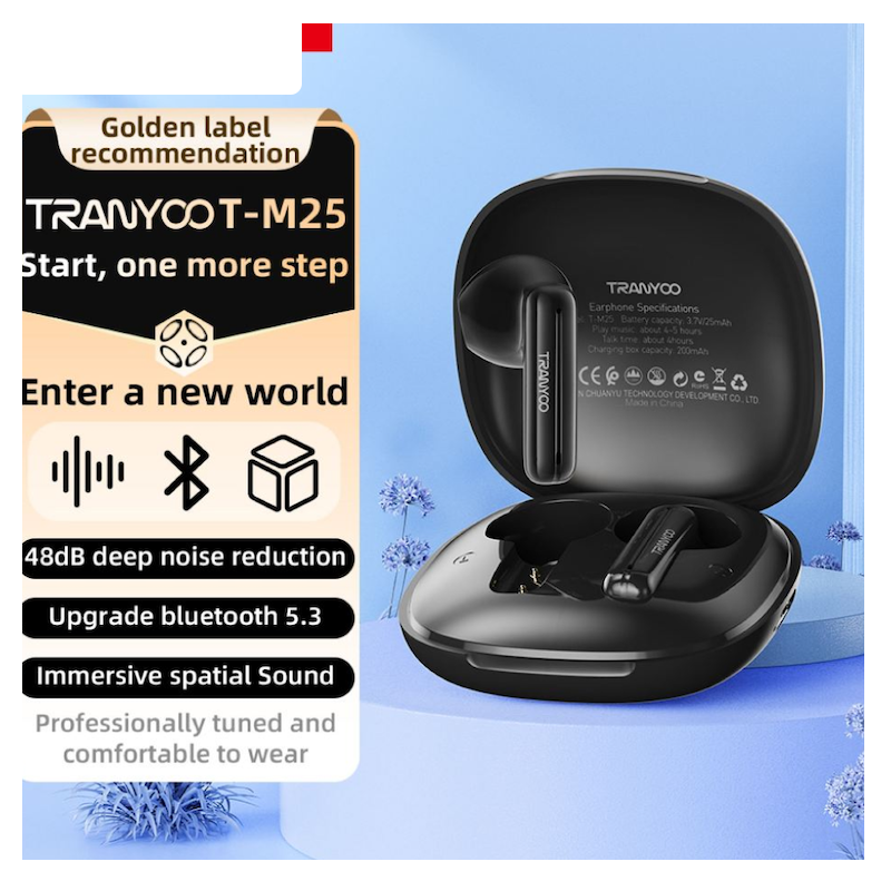 Picture of Tranyoo T‑M25 TWS Bluetooth Earbuds | Bluetooth 5.3 | 25 mAh Pods & 250 mAh Case | Smart Touch Control | Hi‑Fi Bass | Low‑Latency Earphones