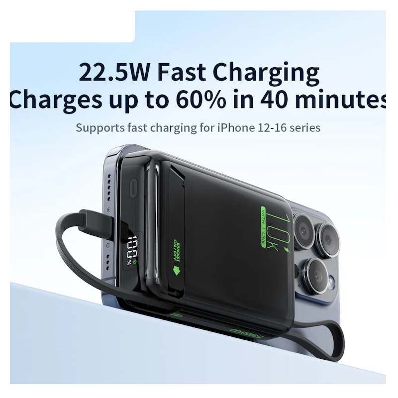 Picture of Tranyoo | T-F26 10000mAh Magnetic Wireless Power Bank | 22.5W Wired Fast Charging + 15W Wireless | Type-C In/Out + Built-in Type-C Cable | LED Digital Display, Stand/Lanyard | For iPhone (MagSafe) & Android.