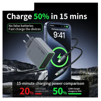 Picture of Tranyoo | T-EU8C | 120W GaN USB-C Fast Charger | Single Type-C Port | 100–240V Global Voltage | PD/QC Multi-Protocol Support | 8-Point Safety | Compact EU Plug | Includes Braided USB-C Cable | For Android, iPhone 15 & Laptops