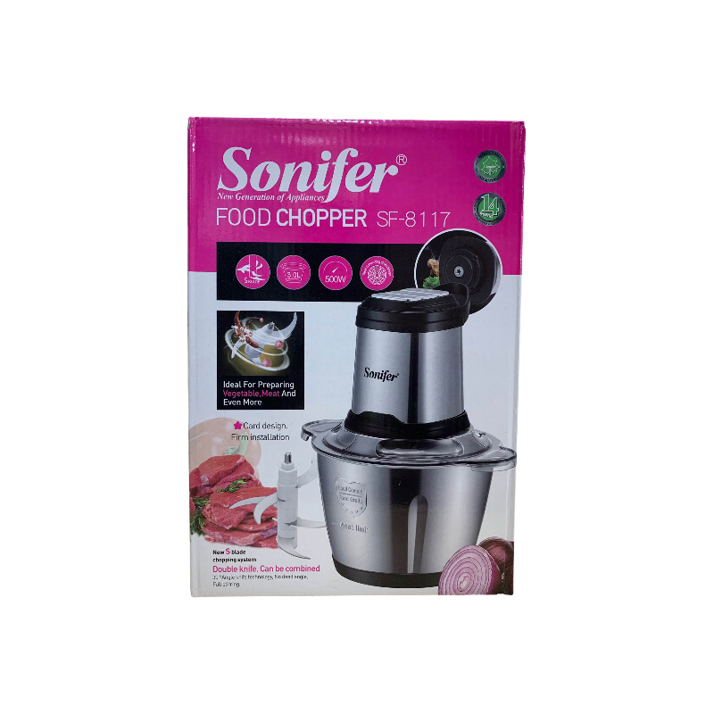 Picture of Sonifer  FOOD CHOPPER SF-8117  SBLADE  3.0L  500W  Ideal For Preparing Vegetable, Meat And Even More | Card design. Firm installation New S blade  chopping system  Double knife, Can be combined  30 °Angle knife technology. No dead angle, Full stirring.