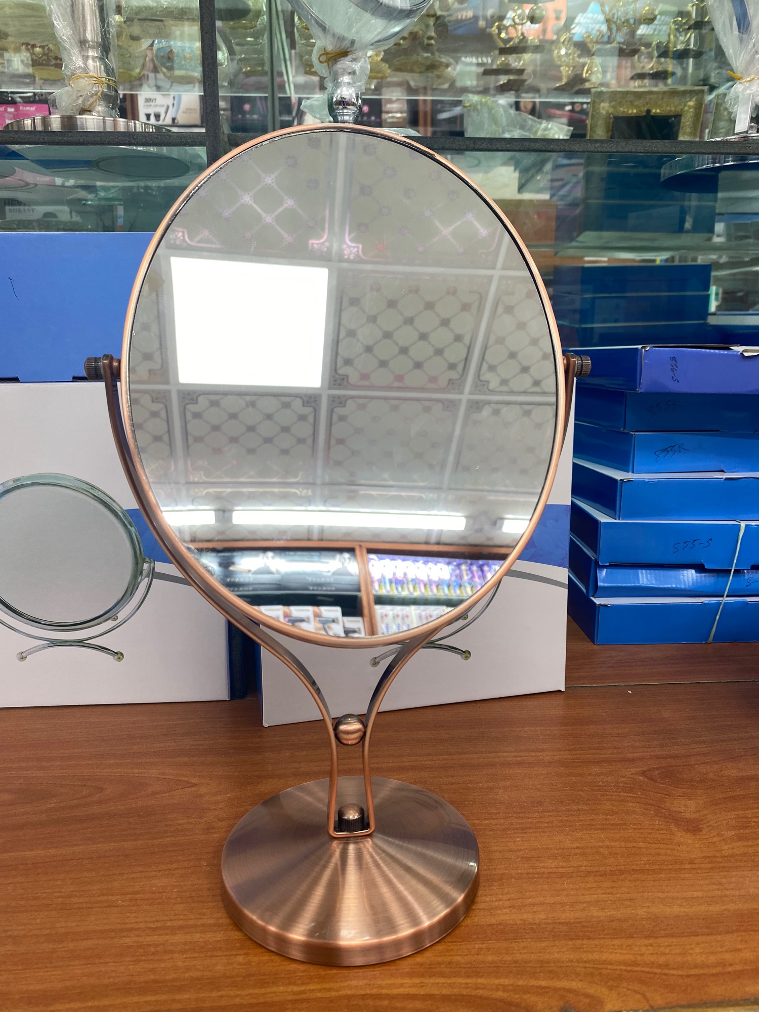 Picture of Luxury Stainless Steel Adjustable Vanity Stand Mirror: Dual Magnification - 1x Normal & 5x Zoom, Matte Finish SKU - 856R