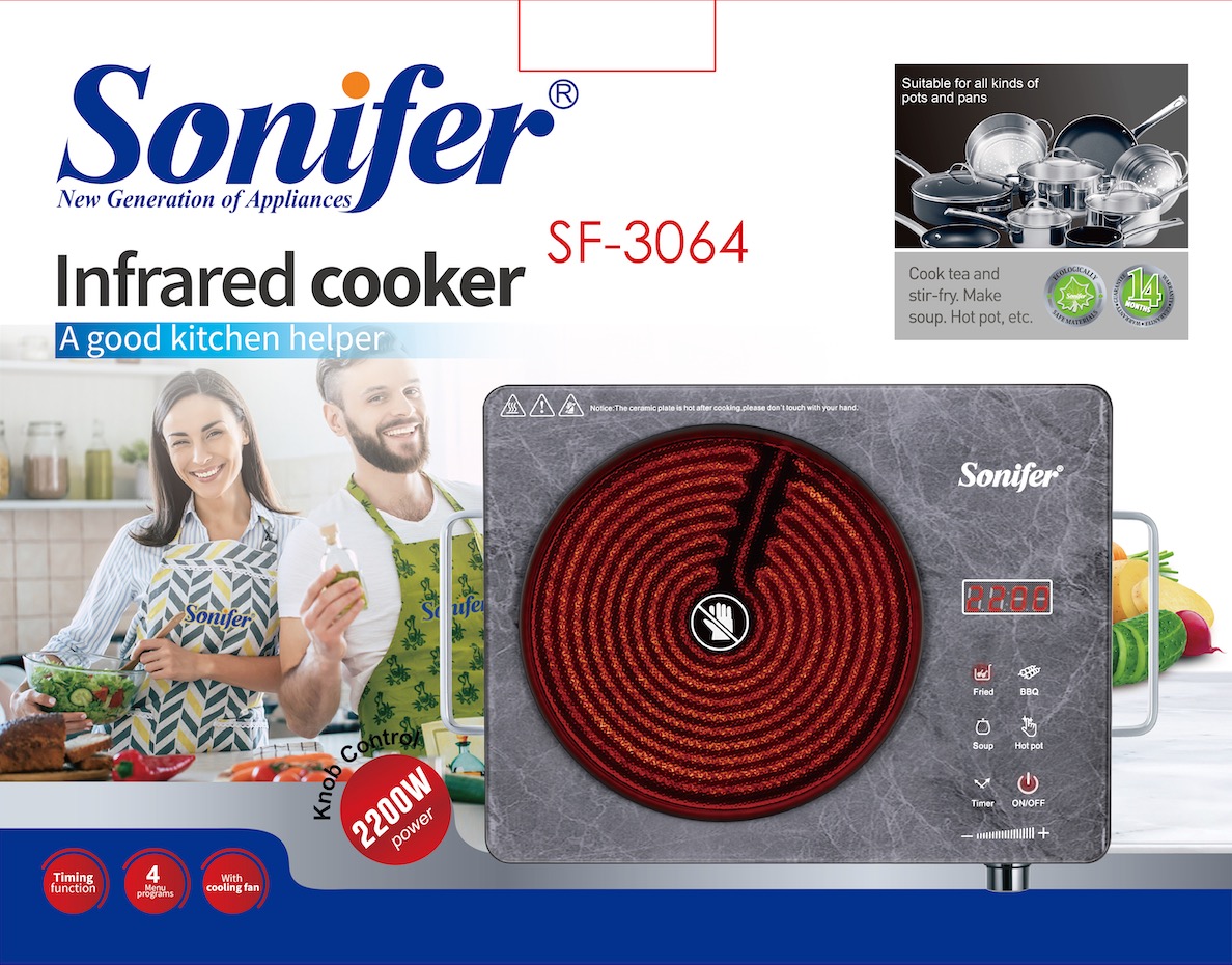 Picture of Sonifer Appliances  Infrared cooker SF-3064  Suitable for all kinds of pots and pans  Cook tea and stir-fry, Make soup. Hot pot, etc  goul  2000W power  Exquisite marbling.  With timing function.  Four menu programs for you to choose  Touch screen control
