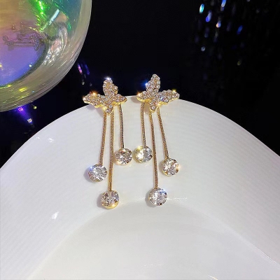Picture of Butterfly tassel Japanese and Korean high-end design rhinestone earrings for women