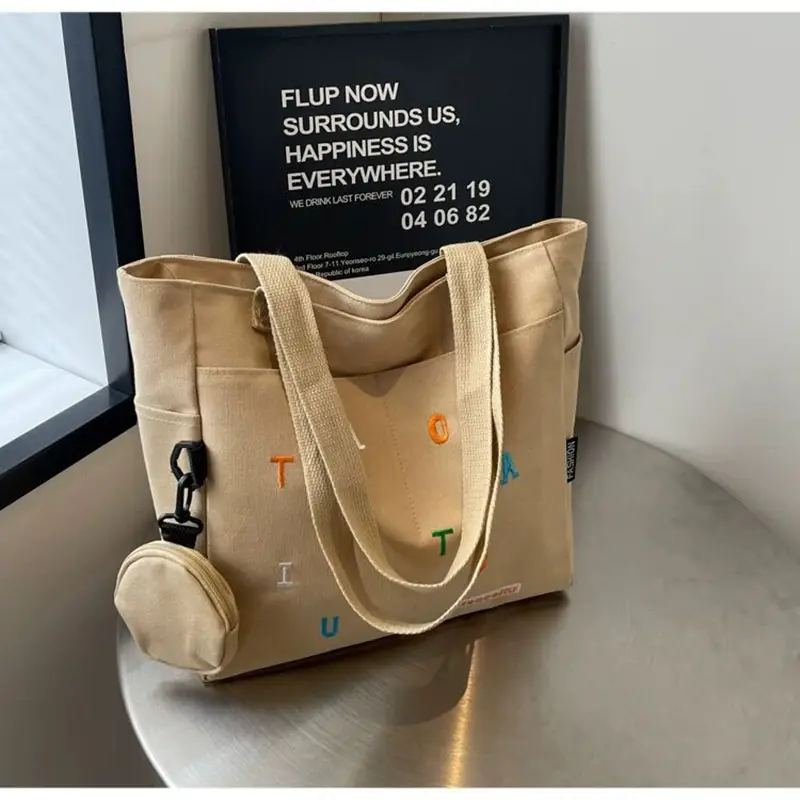 Picture of Trendy Canvas Khaki Tote Bag with Alphabet Design