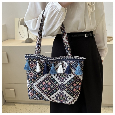 Picture of Ethnic Style Canvas Tote Shoulder Bag with Tassel – Large Capacity Women’s Handbag