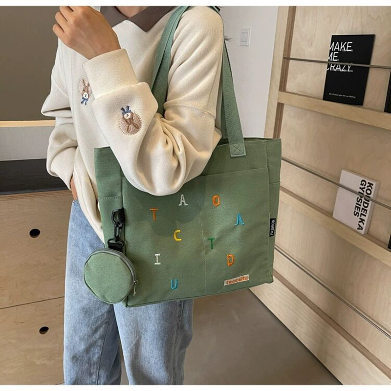 Picture of Trendy Canvas Khaki Tote Bag with Alphabet Design