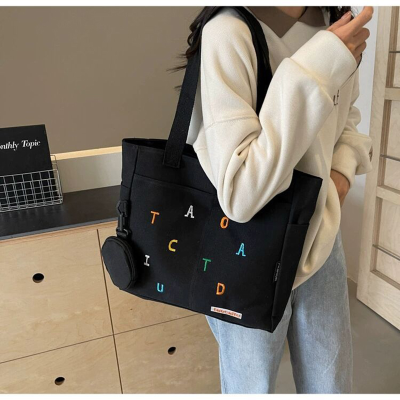 Picture of Trendy Canvas Black Tote Bag with Alphabet Design