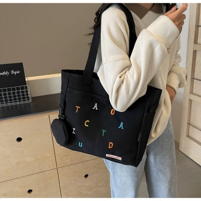 Picture of Trendy Canvas Black Tote Bag with Alphabet Design