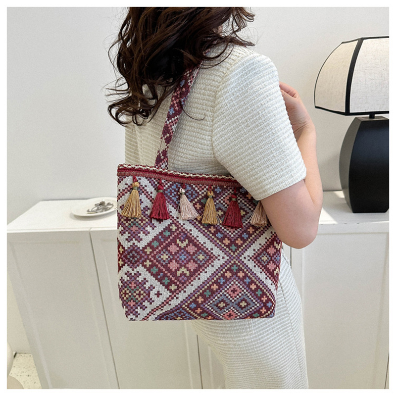 Picture of Ethnic Style Canvas Tote Shoulder Bag with Tassel – Large Capacity Women’s Handbag