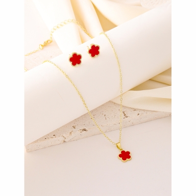 Picture of Cross-border hot selling lucky five-petal flower five-leaf clover earrings necklace three-piece European and American fashion five-leaf flower jewelry set