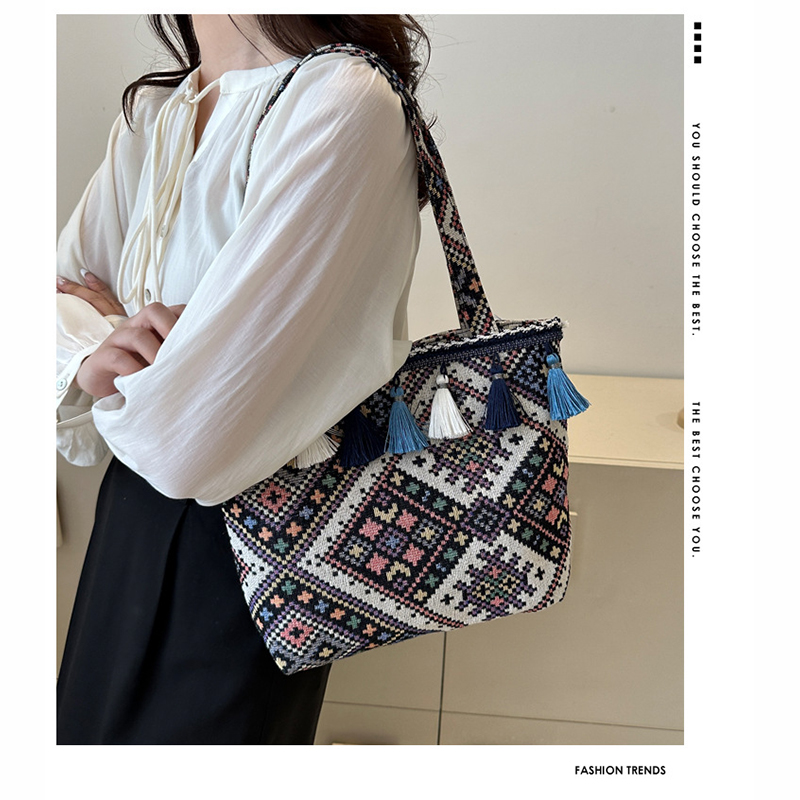 Picture of Ethnic Style Canvas Tote Shoulder Bag with Tassel – Large Capacity Women’s Handbag