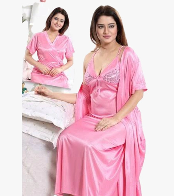 Picture of Two Part Satin Solid Pink Nighty For Women