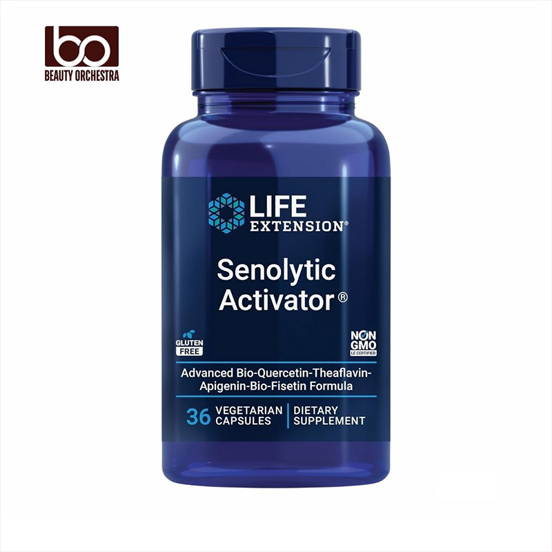Picture of Life Extension Senolytic Activator®, healthy aging, cellular health support, bioavailable quercetin and fisetin, apigenin, black tea theaflavins, gluten.
