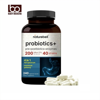 Picture of NatureBell Probiotics 200 Billion CFU Per Serving | 240 Veggie Capsules with Synbiotic Blend of Digestive Enzymes, Prebiotics, & Postbiotics – 40 Strains – Full-Spectrum Gut Health & Bloating Support