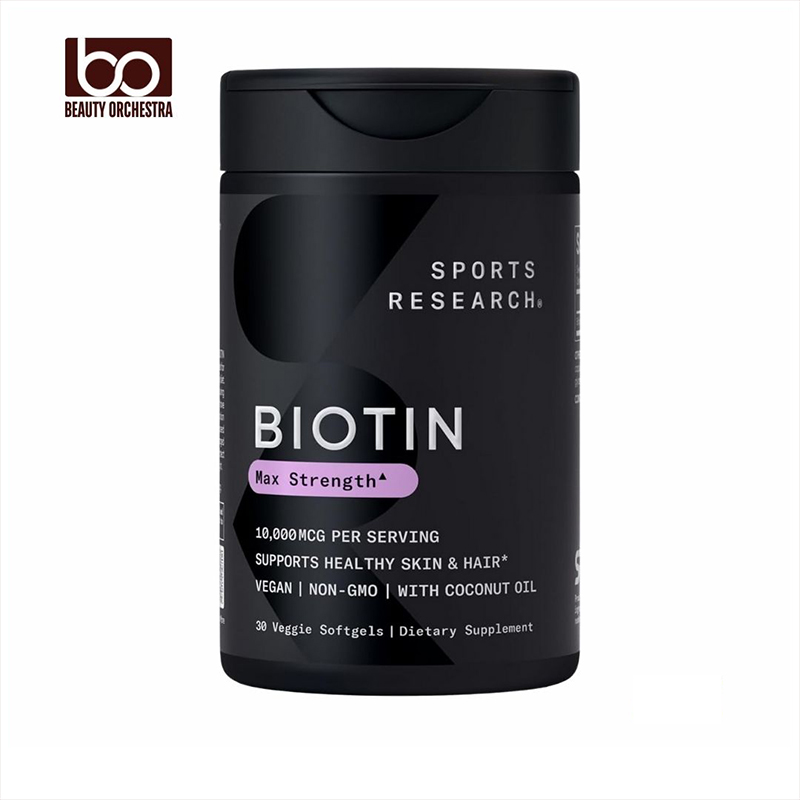 Picture of Sports Research Vegan Biotin 10,000mcg with Organic Coconut Oil - Max Strength Biotin Vitamin B7 for Healthier Hair & Skin and Keratin Support - Non-GMO & Gluten Free 30 Softgels