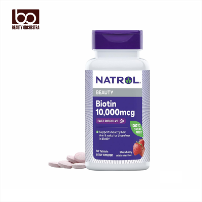 Picture of Natrol Biotin 10000mcg Faster Dissolve Supplement for Healthy Hair Skin and Nails for Those Low in Biotin Plus Energy Metabolism Support 60 Tablets
