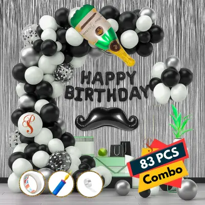 Moustache Theme Black and White Birthday Party Decor- Full Package with Backdrop, Balloon Arch Kit, Banner, and Foil Balloons (Pack of 83 Pcs)