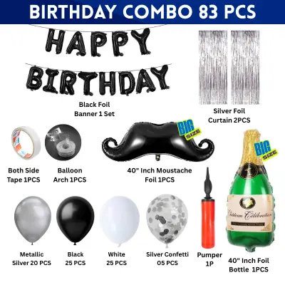 Moustache Theme Black and White Birthday Party Decor- Full Package with Backdrop, Balloon Arch Kit, Banner, and Foil Balloons (Pack of 83 Pcs)