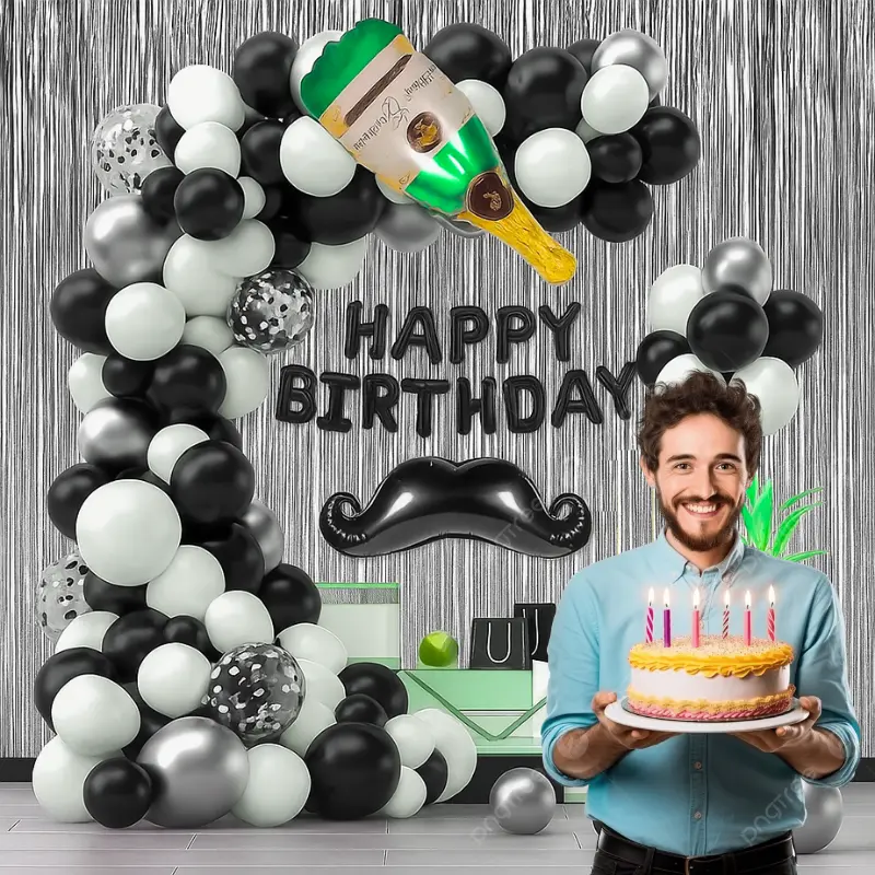 Moustache Theme Black and White Birthday Party Decor- Full Package with Backdrop, Balloon Arch Kit, Banner, and Foil Balloons (Pack of 83 Pcs)