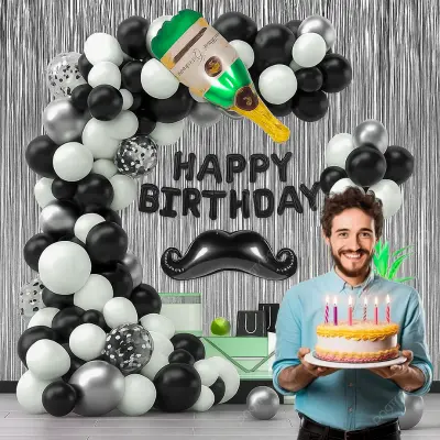 Moustache Theme Black and White Birthday Party Decor- Full Package with Backdrop, Balloon Arch Kit, Banner, and Foil Balloons (Pack of 83 Pcs)